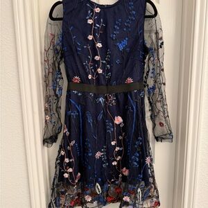 Navy Floral Embroidered Midi Dress